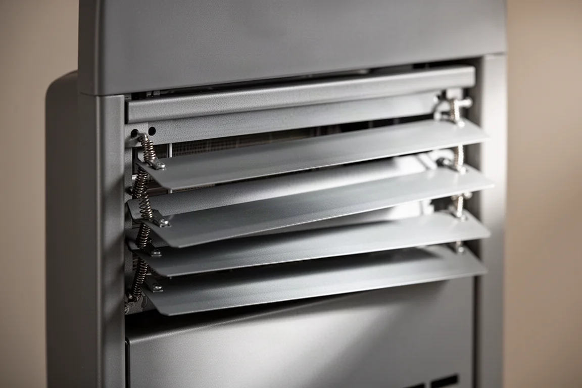 Close-up of garage heater front louvers angled downward with visible spring hinges