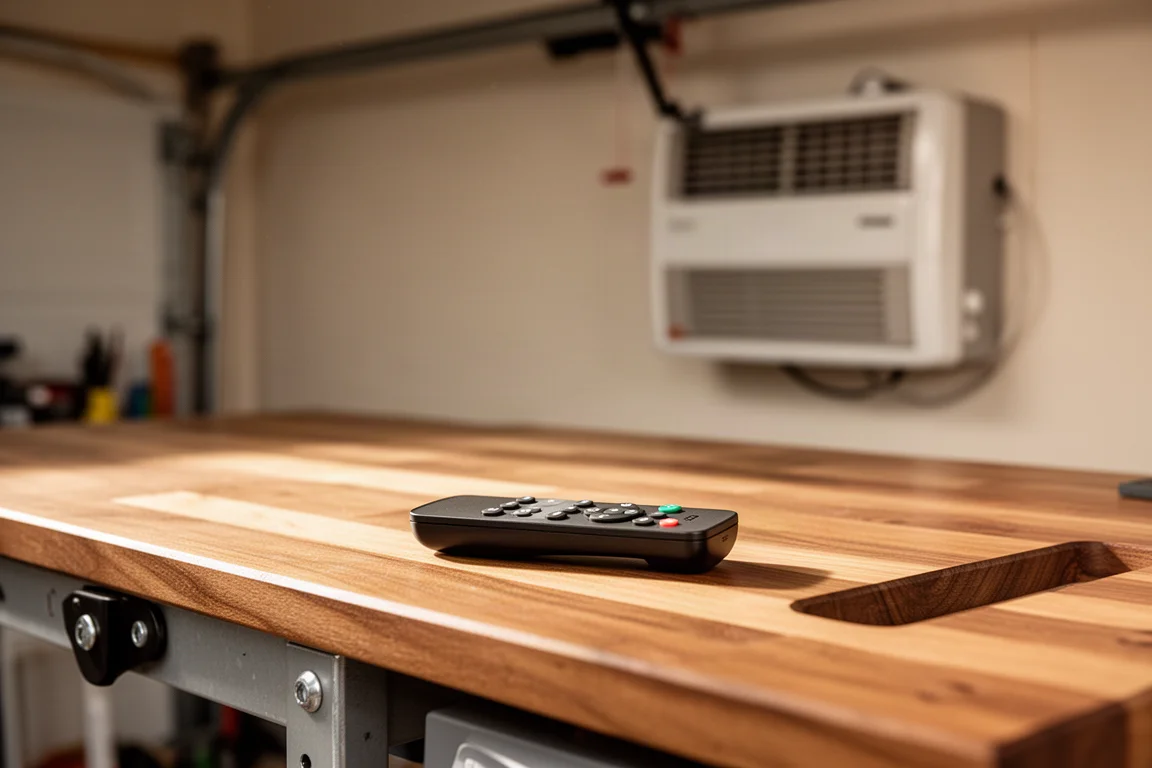 Garage heater remote control lying on a wooden workbench next to a wall-mounted heater