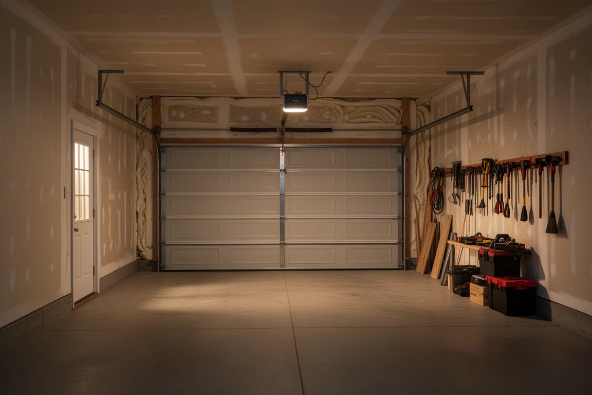 Garage interior with insulated walls and closed garage door lit warmly in the evening