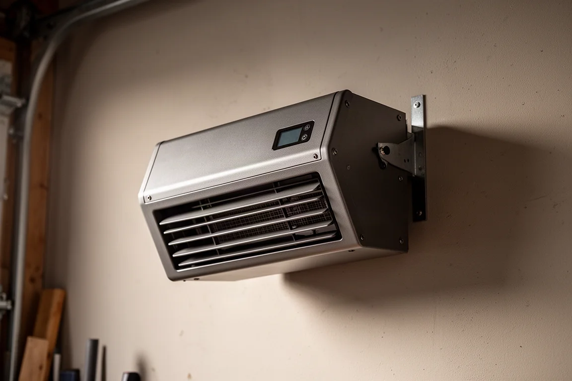 Compact electric garage heater mounted on a plain workshop wall