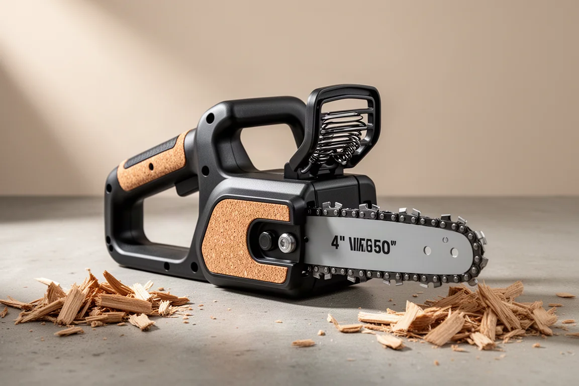 Innocraft mini chainsaw with cork grip and blade guard on a wooden workbench