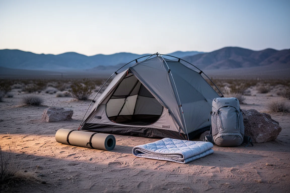 Flat lay dall'alto di attrezzatura da backpacking con quilt, materassino, piumino e picchetti per tenda