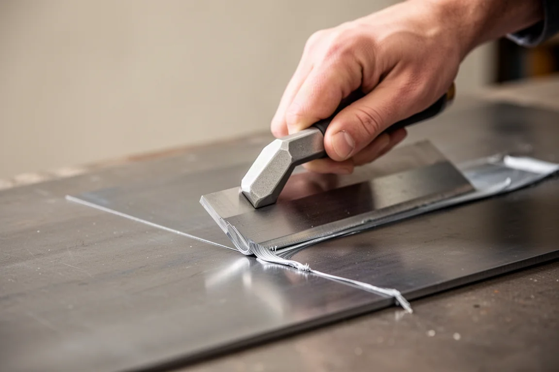 Un racloir utilisé pour nettoyer des résidus sur une surface métallique
