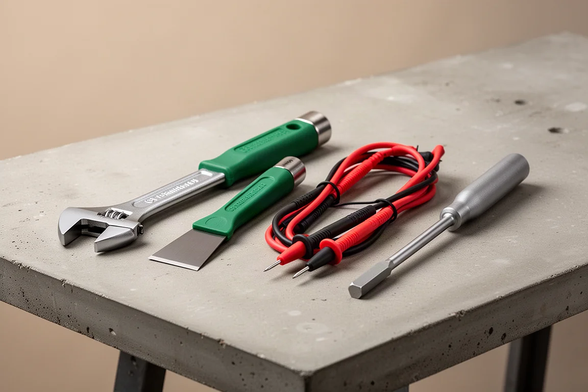 Four hand tools arranged on a concrete workbench: wrench, scraper, test leads, and second scraper