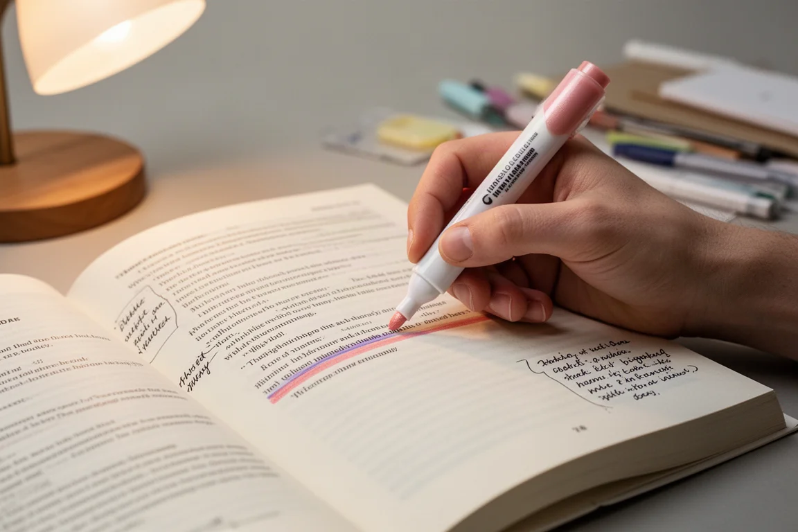 Hand die een passage in een studieboek markeert met een kleurrijke onderstreeptolk