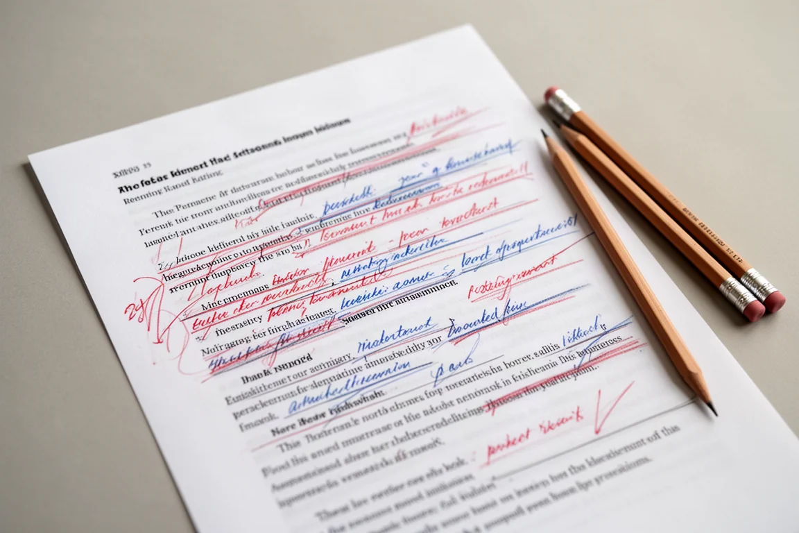 Open notitieboekpagina met rode en blauwe correctiepotloodstrepen