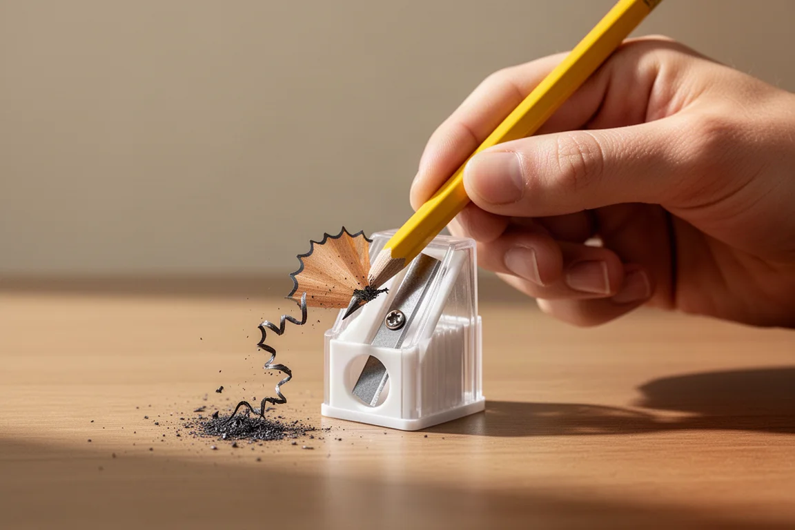 Potlood dat wordt geslepen met een compacte ratelspuntjesslijper