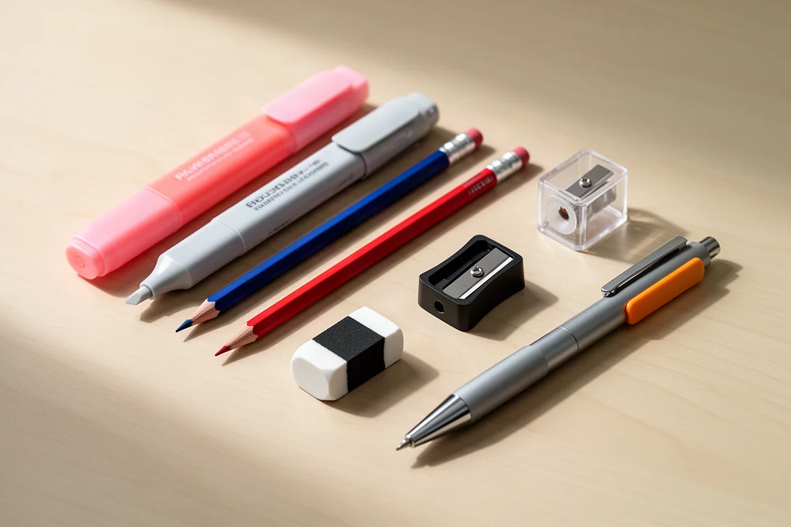 Assorted Japanese stationery tools arranged on a light wooden desk