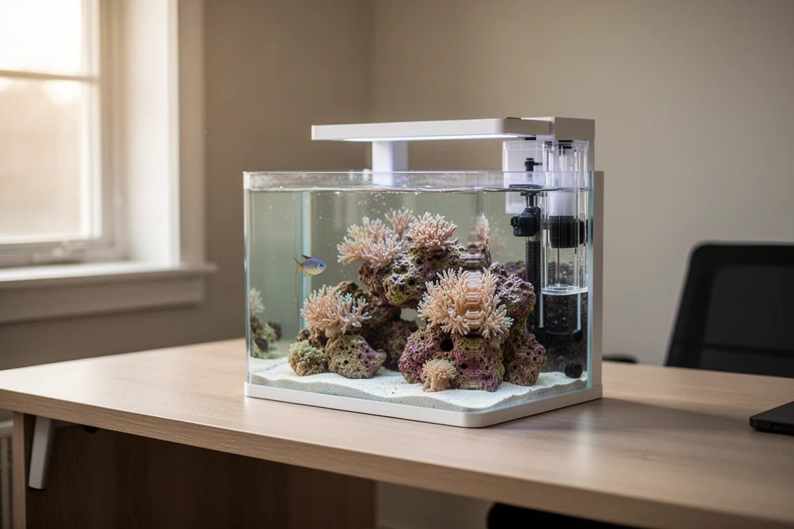 Petit aquarium nano tout-en-un avec coraux mous sur un bureau en bois clair