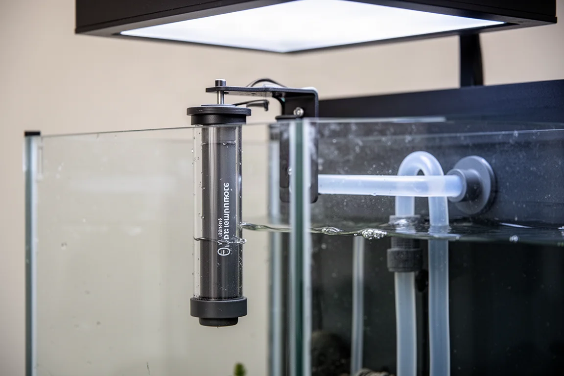 Écumeur compact fixé sur une cloison à l’intérieur du compartiment arrière d’un aquarium nano