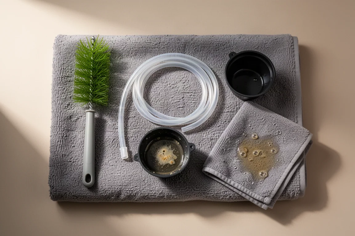 Vue à plat d’outils d’entretien d’aquarium avec tuyau et godet collecteur