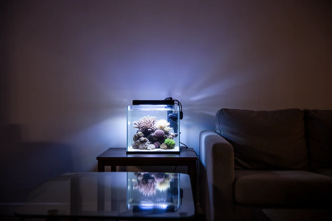 Aquarium récifal nano qui brille dans un salon sombre, la nuit