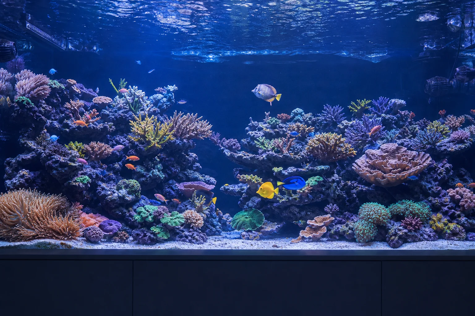 在清澈藍水中生長茂盛的珊瑚與魚類，展現健康的珊瑚礁水族箱