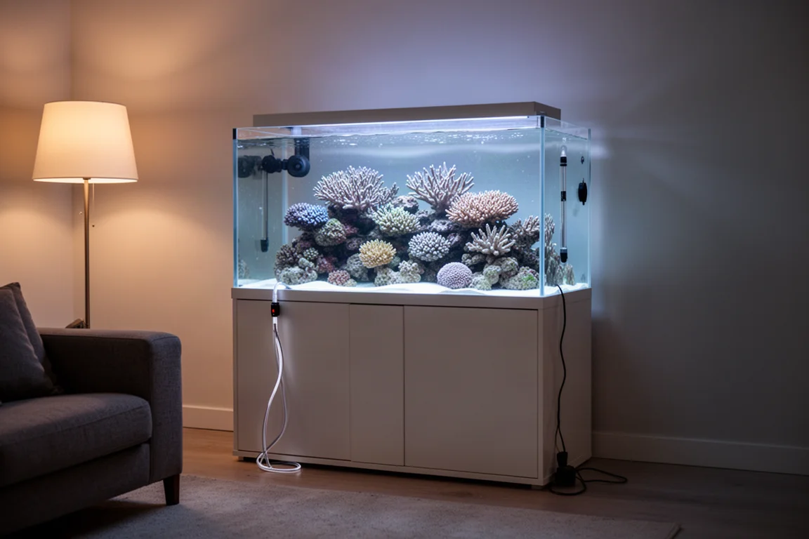 Sanft beleuchtetes Riffaquarium, das in der Abenddämmerung in einem ruhigen Wohnzimmer leuchtet