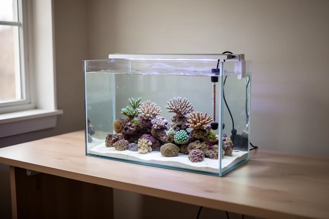 Kleines Nano-Riffaquarium auf einem Holzschreibtisch in einem ruhigen Raum