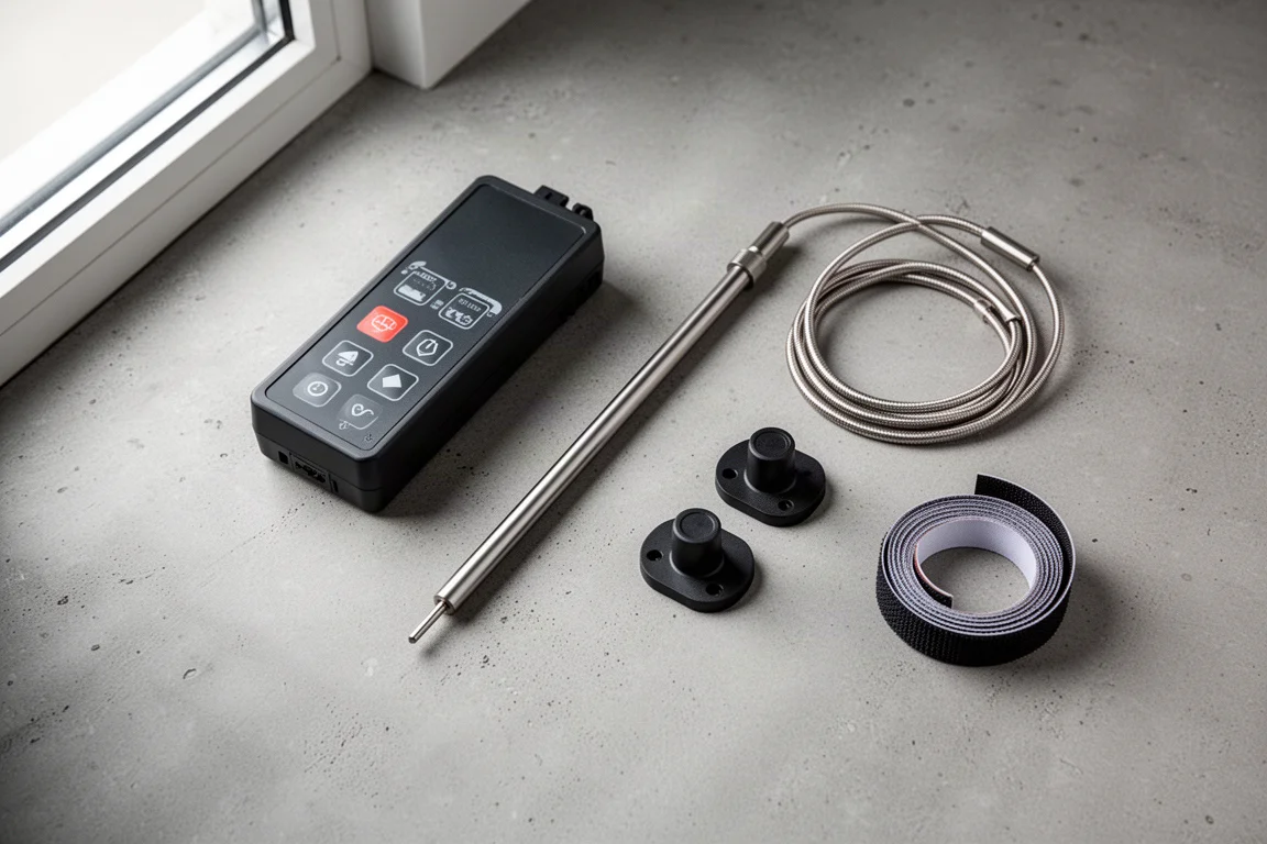 Flatlay von Heizungscontroller, Titan-Element, Sonde und magnetischen Halterungen