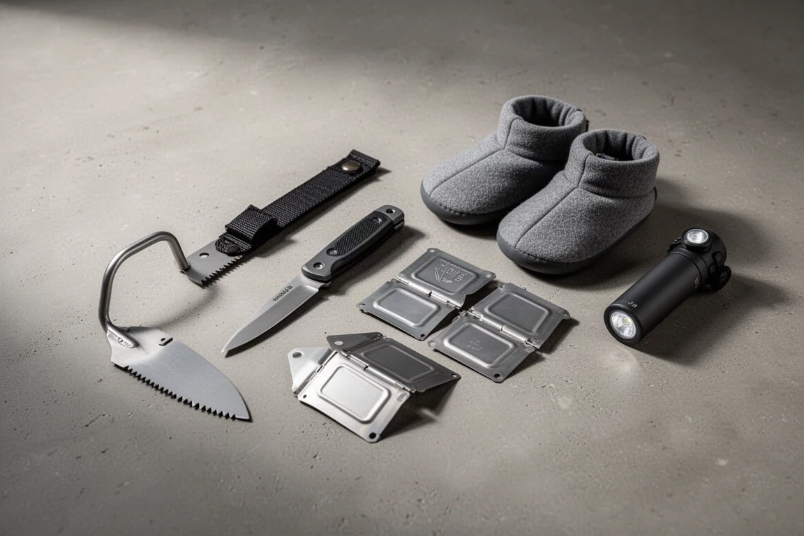 Six compact ultralight backpacking items arranged on a matte concrete surface