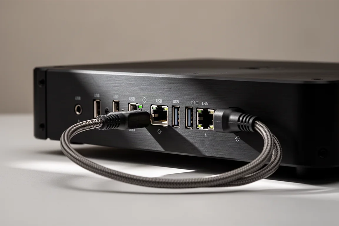 Närbild på portarna på baksidan av en svart eloxerad audiostreamer