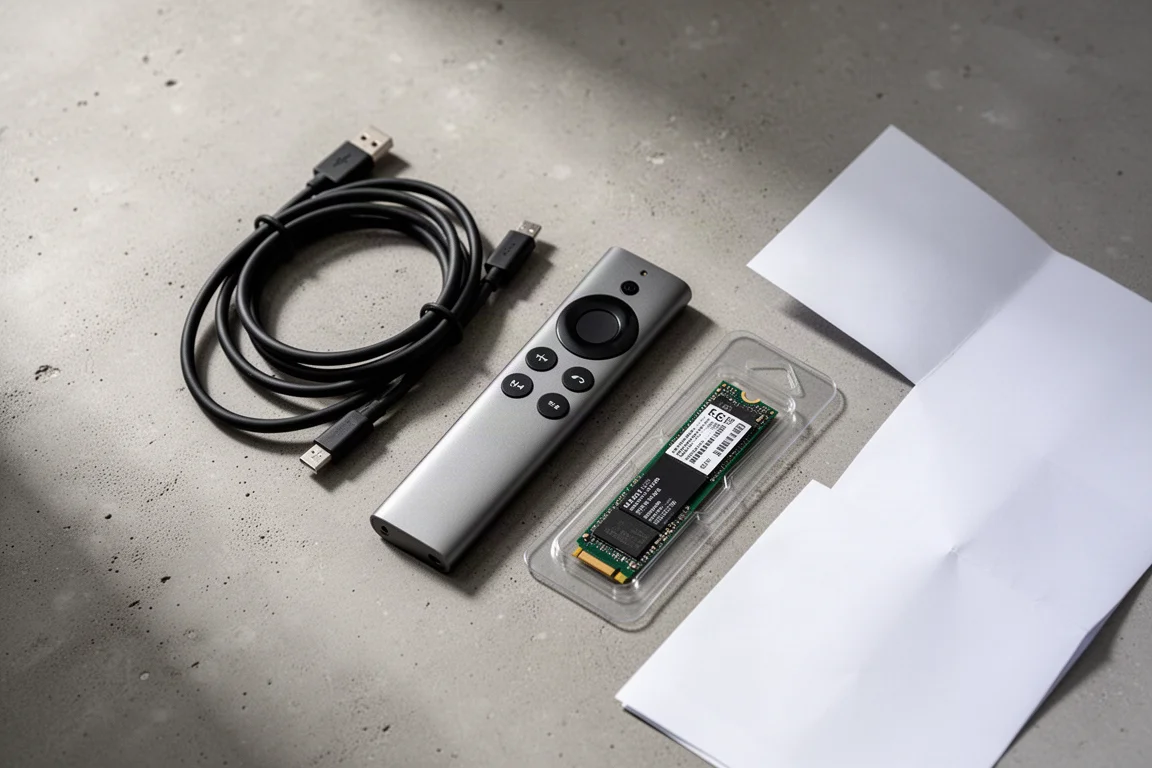 Platt layout av en USB-kabel, aluminiumfjärrkontroll, M.2-enhet och papper på betong