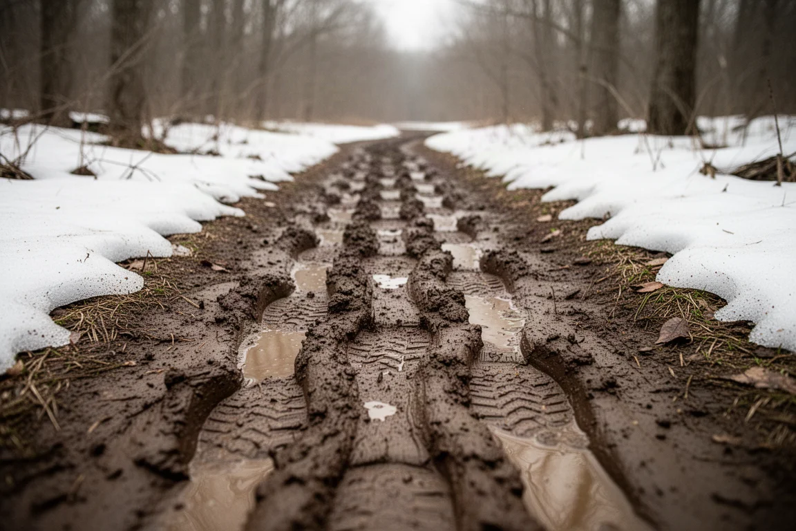 Muddy spring trail with deep boot prints on wet terrain
