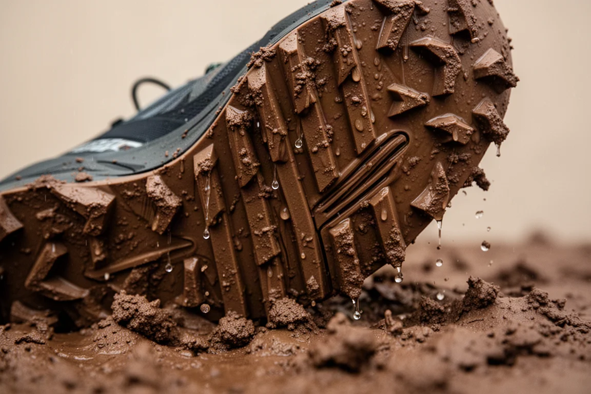 Close-up of deep rubber lugs on a trail shoe outsole