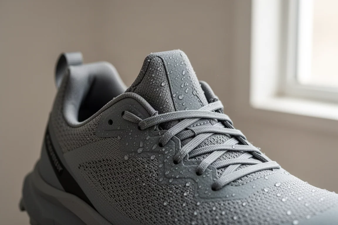 Trail shoe upper with water beading on the surface