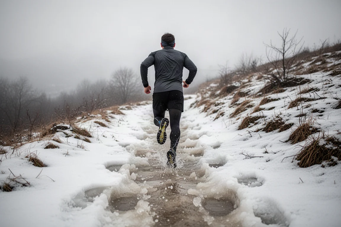Runner climbing a snowy, slushy hillside trail