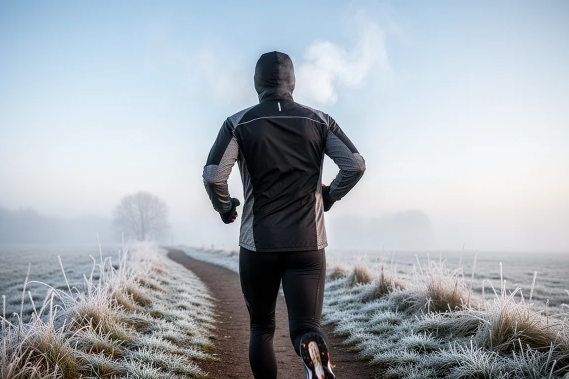 Corridore con giacca ibrida nera su un sentiero gelido in una fresca mattina invernale
