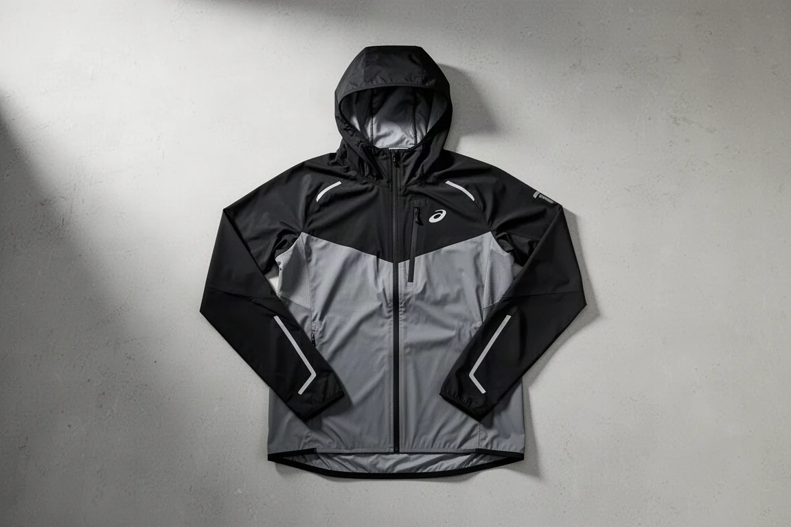 inov-8 Performance Hybrid Jacket preta e cinza estendida sobre uma superfície de concreto