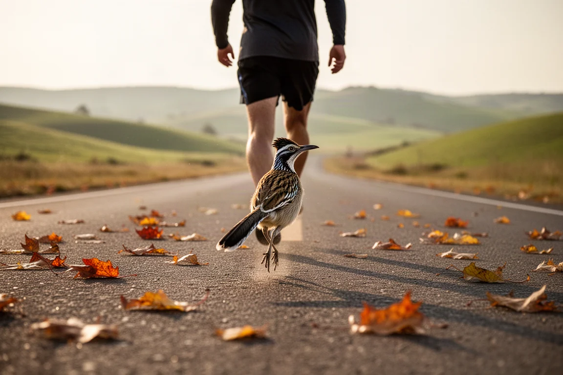 Road runner stepping onto open tarmac on a bright autumn morning