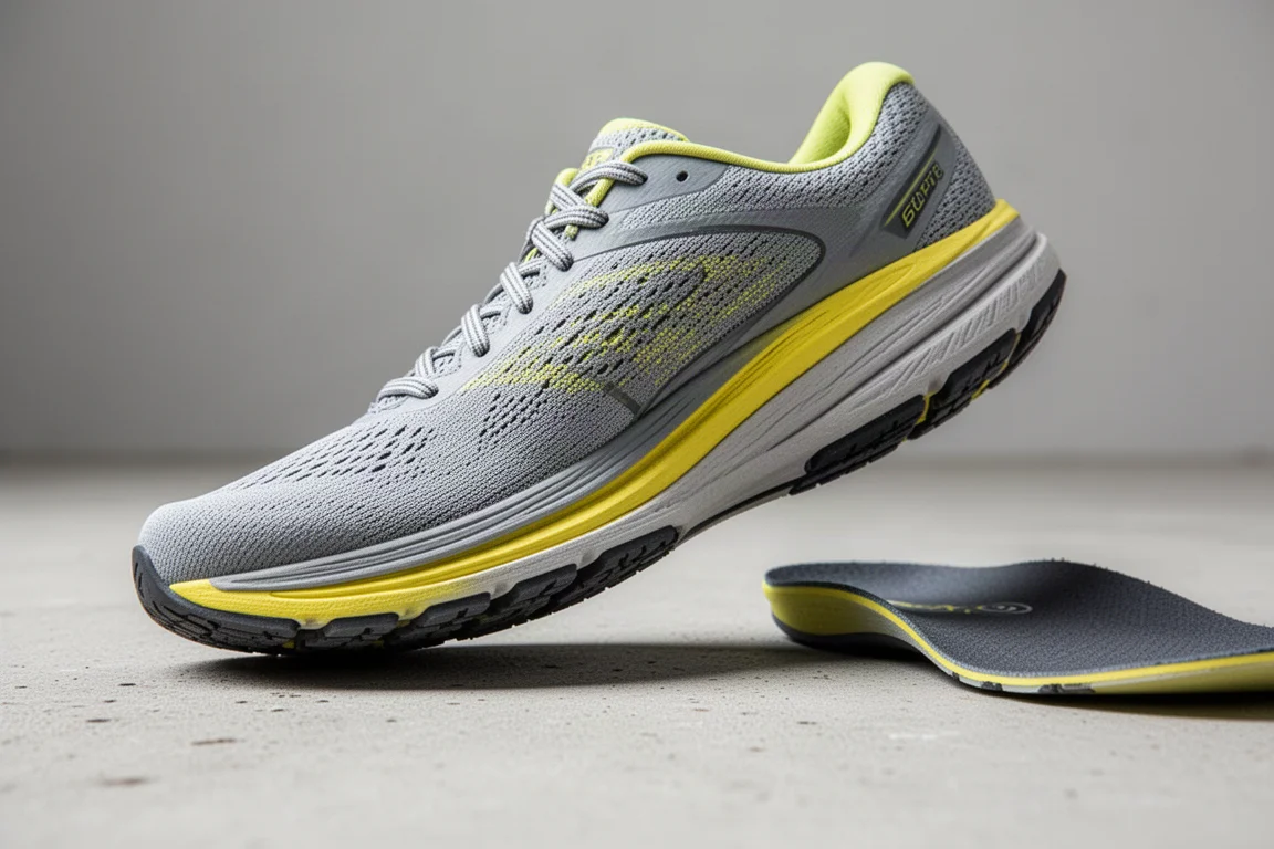 Close-up of a flexible running shoe midsole bending at the forefoot