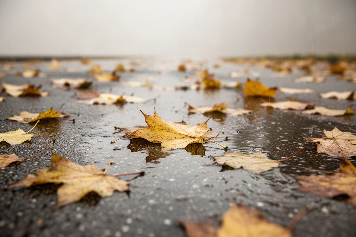 Glossy wet tarmac with scattered autumn leaves