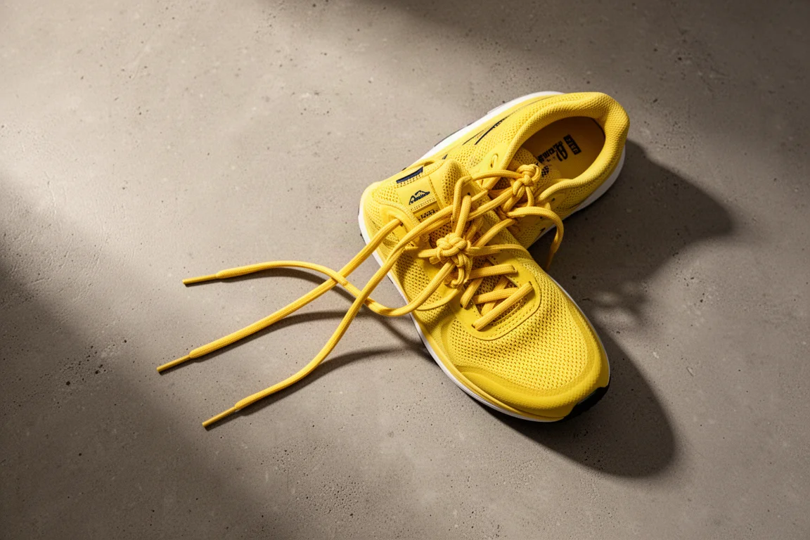 Flat-lay of running shoe with laces loosely tied on concrete