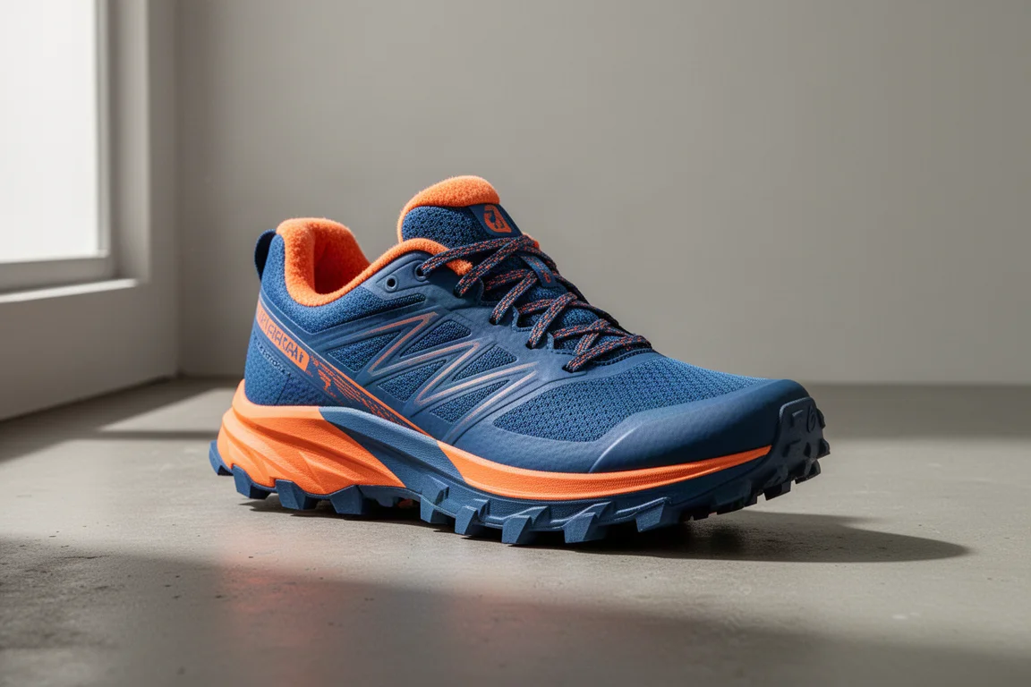 Blue and orange trail running shoe with deep lugs on a concrete surface