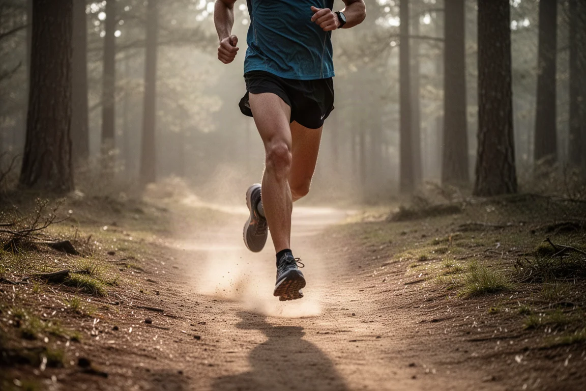 Trailrunner loopt in zacht ochtendlicht over een onderhouden bospad