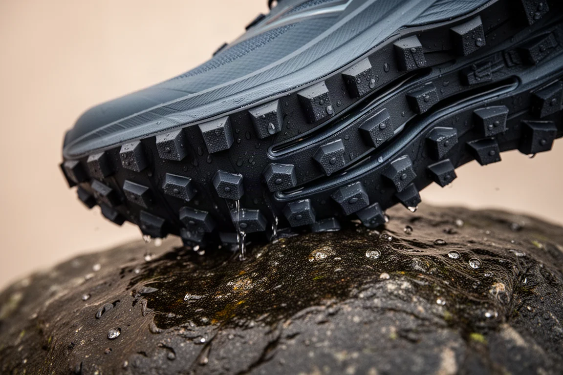 Close-up van diepe trailschoenen-noppen die grip hebben op een nat rotsoppervlak