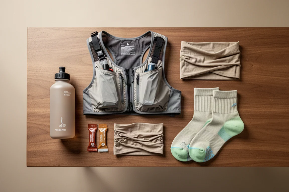 Flat-lay van bovenaf met race-uitrusting voor trailrunning op een houten ondergrond