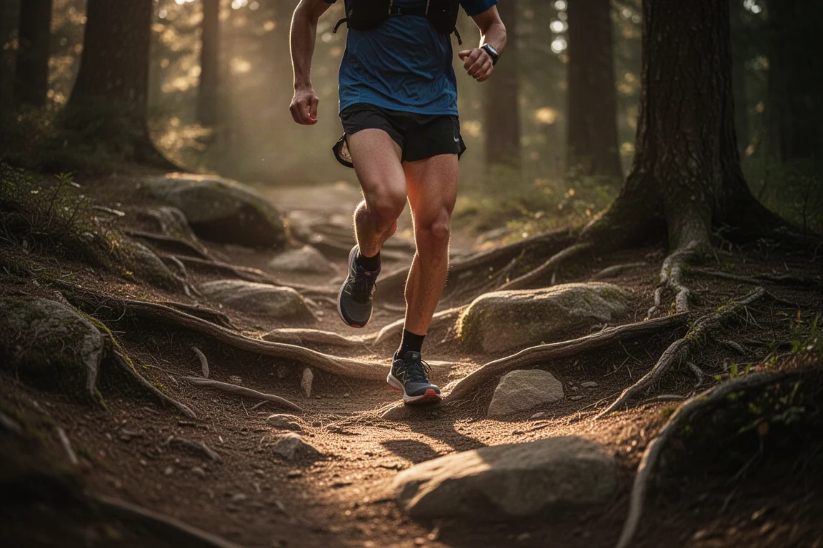 Trail runner descendo uma trilha rochosa com raízes sob luz suave do fim de tarde