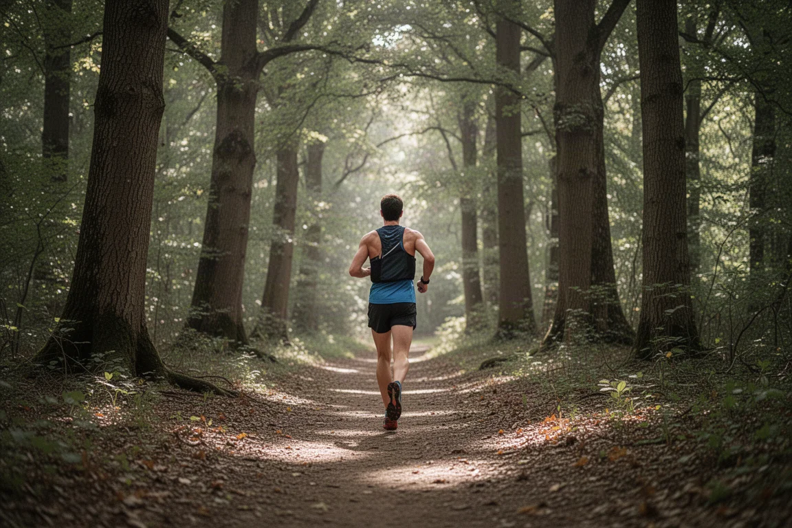 Trail runner che cammina lungo un sentiero boschivo con foglie in una morbida luce naturale