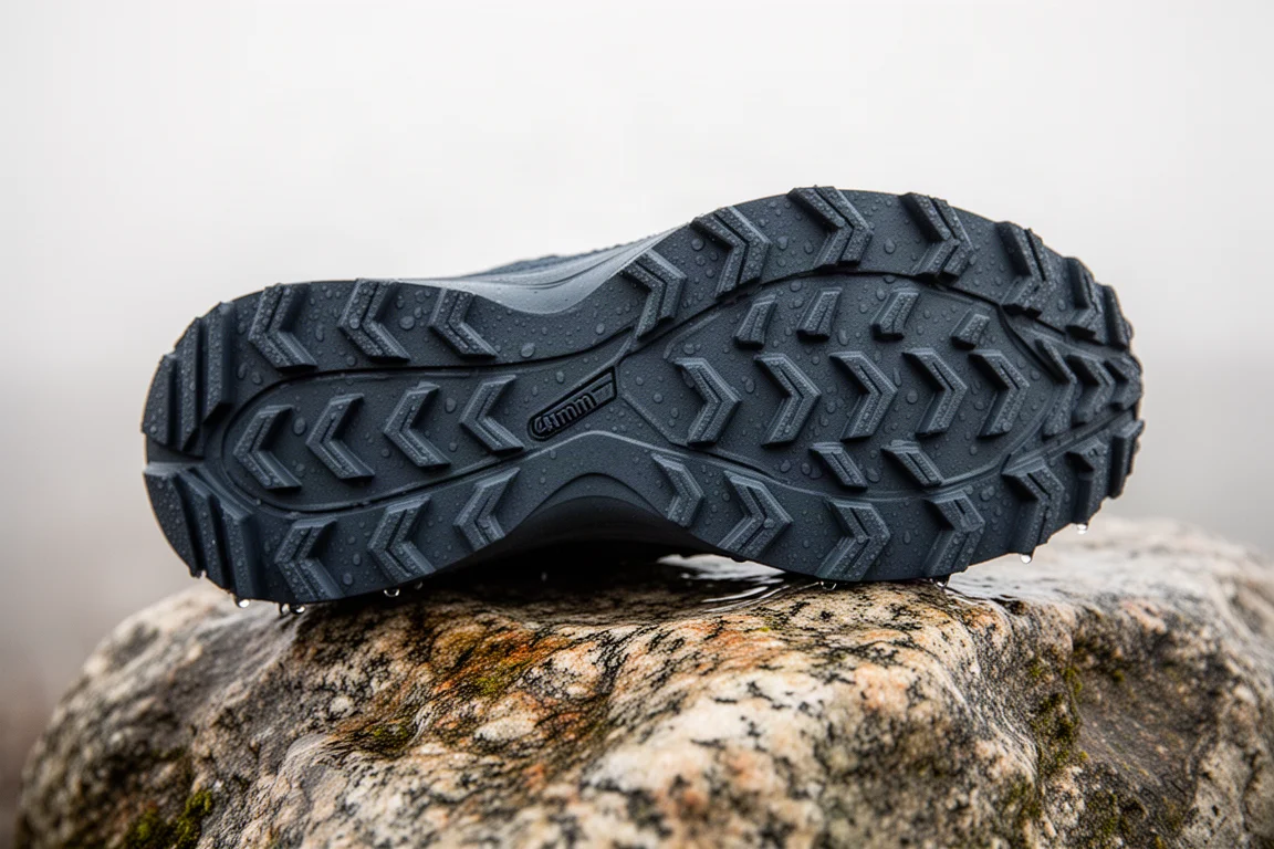 Dettaglio della suola di una scarpa trail con tasselli multidirezionali su roccia bagnata