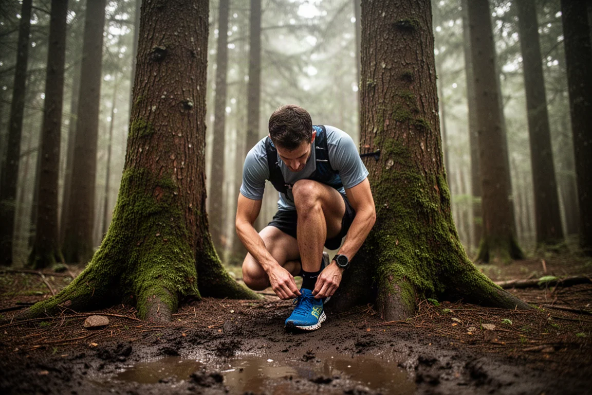 Runner che si ferma su un sentiero nel bosco per controllare la scarpa durante la corsa