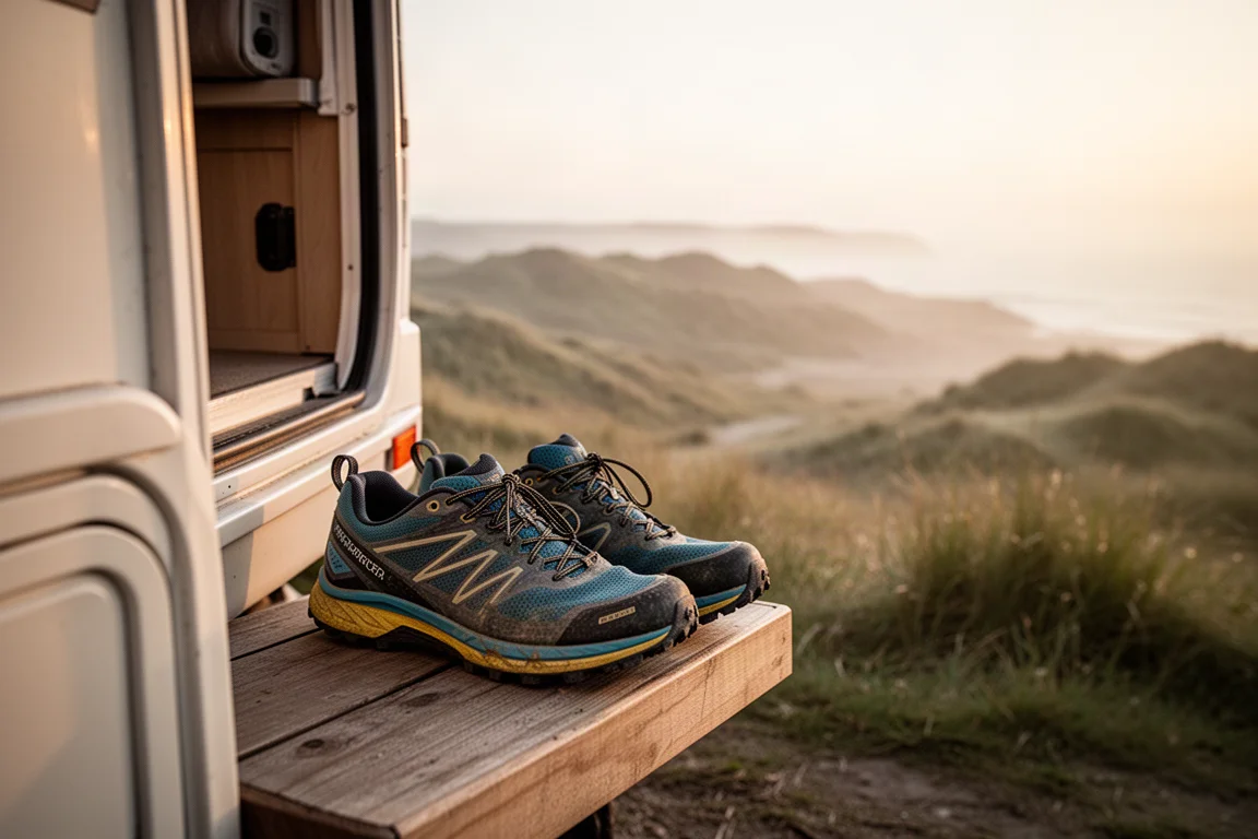 Scarpe trail che asciugano sul gradino di un camper dopo una corsa in costa