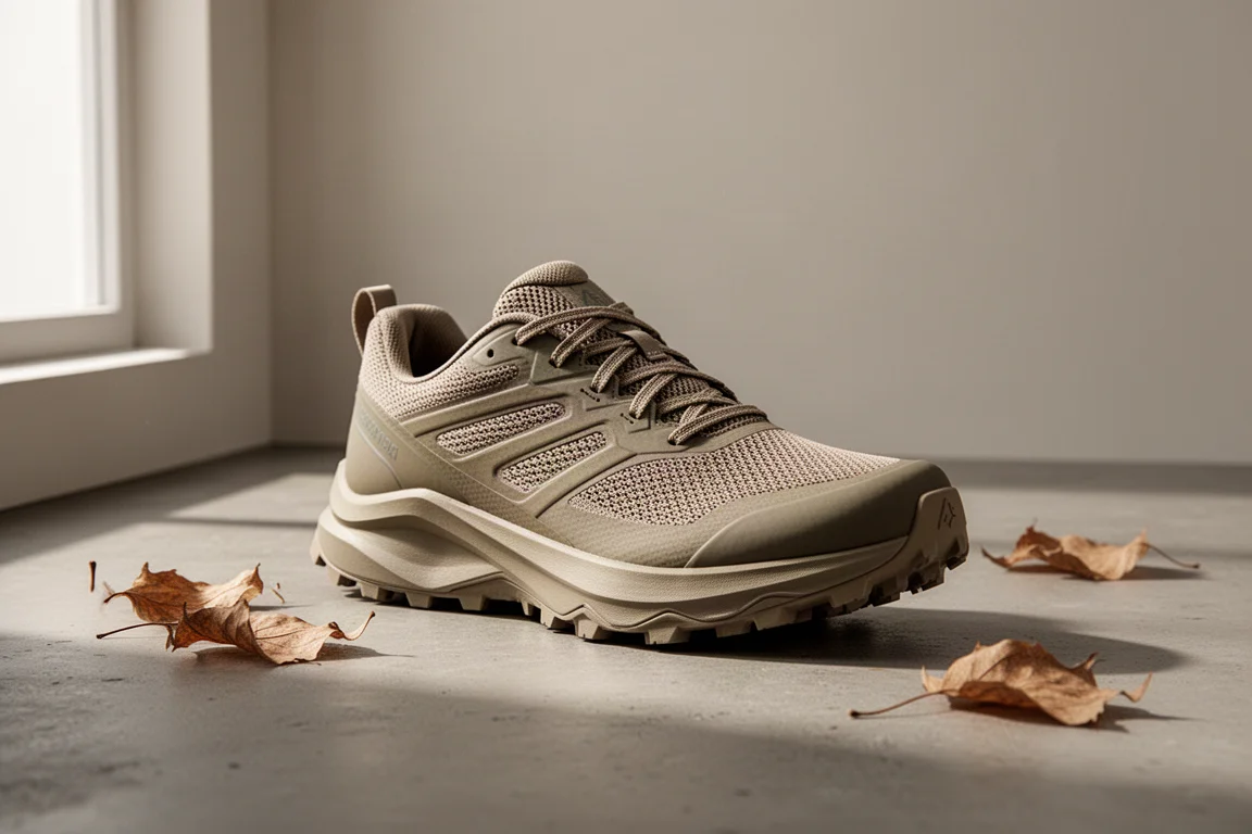Trail running shoe at a three-quarter angle on concrete with soft window light
