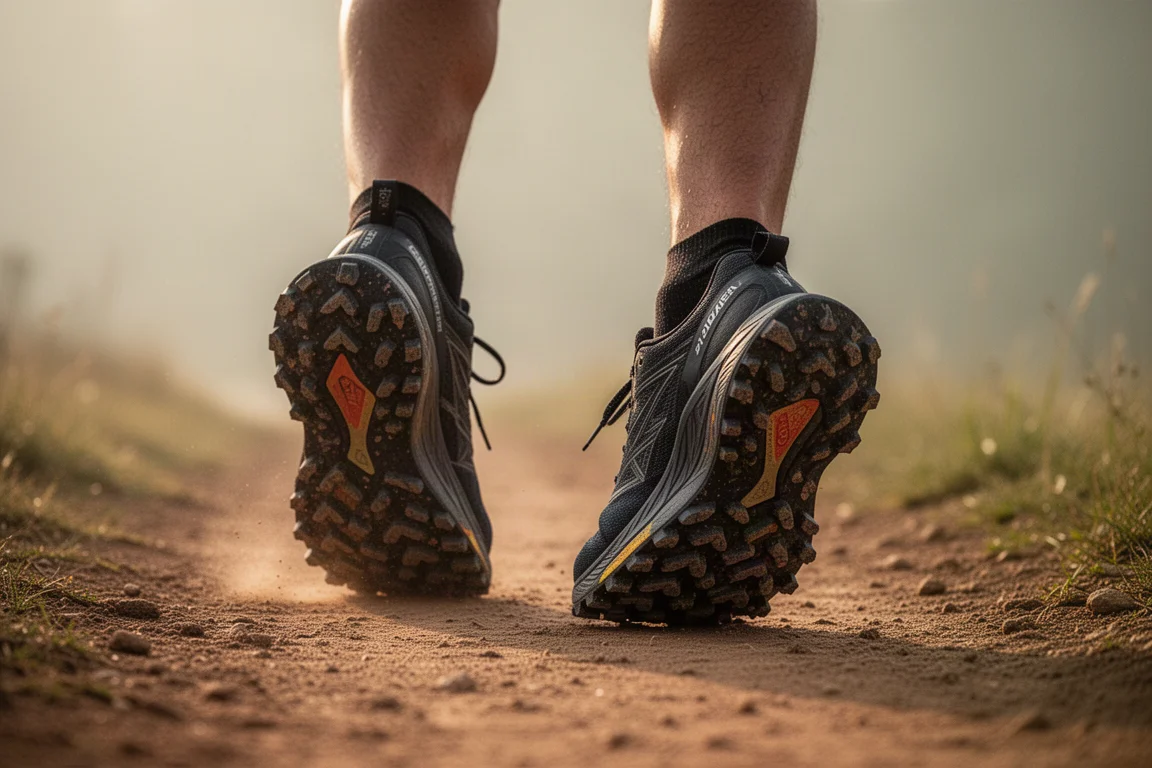 Trail runner's feet in cushioned trail shoes on a compacted dirt path