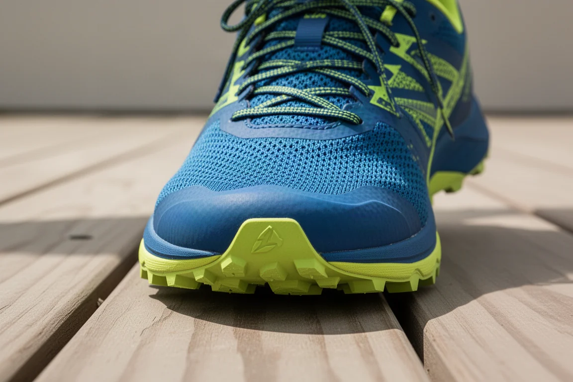 Close-up of a roomy anatomical toe box on a trail running shoe