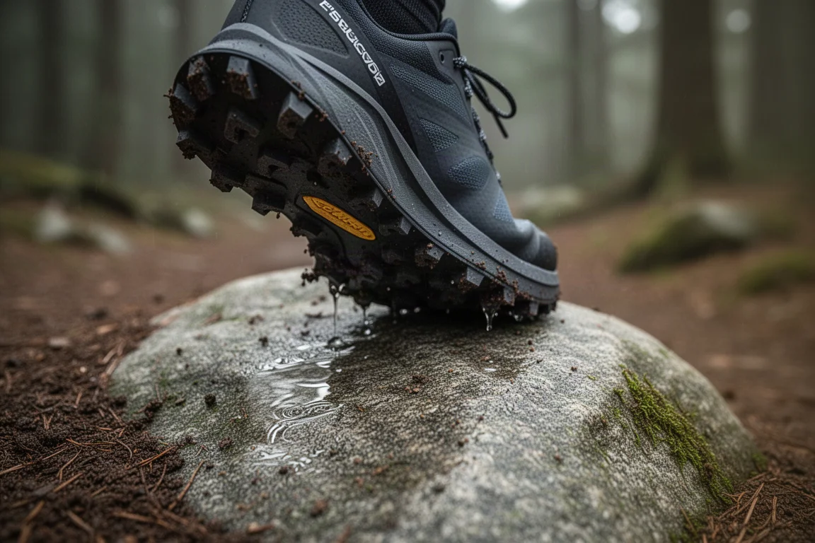 Lugged outsole of a trail shoe gripping a wet rocky trail
