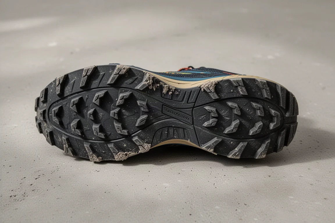 Worn trail shoe outsole showing mild heel edge wear after 100 miles