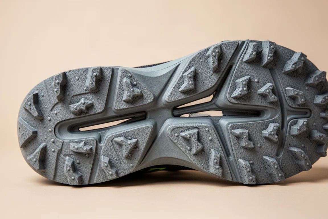 Primo piano della suola di una scarpa da trail con tacchette segmentate e fessure di flessione