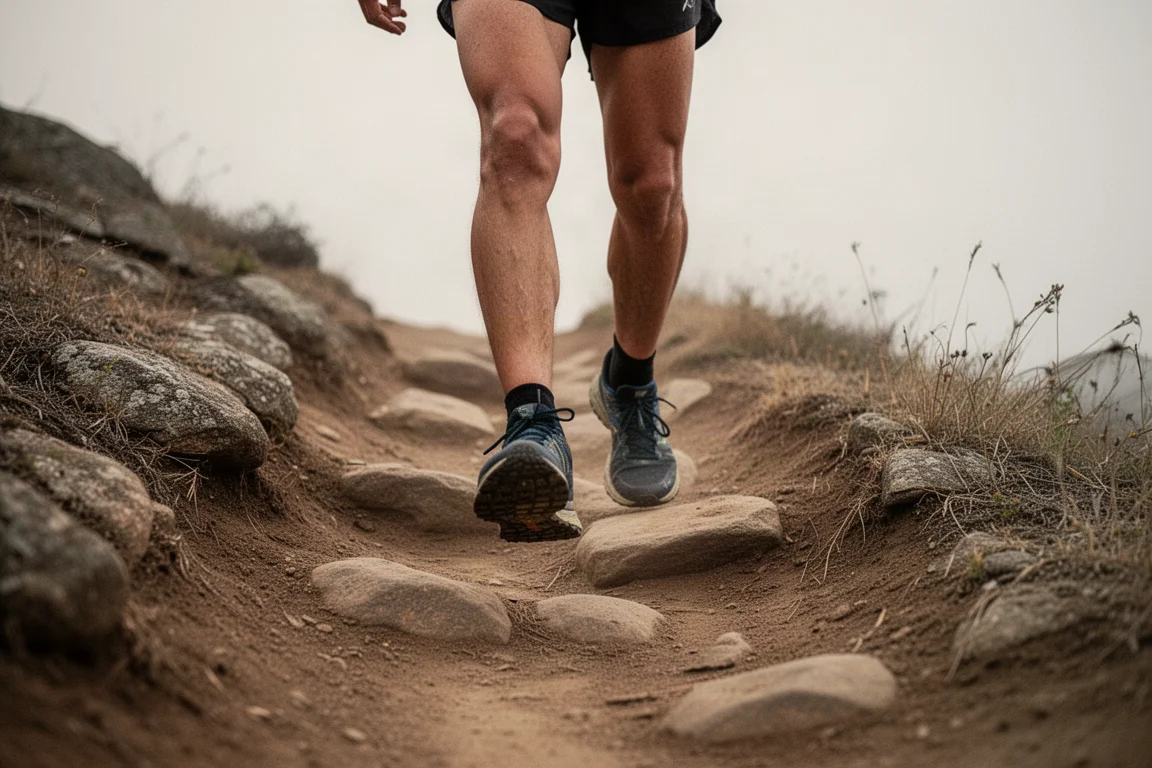 Piedi di un trail runner che scende un sentiero roccioso stretto e ripido