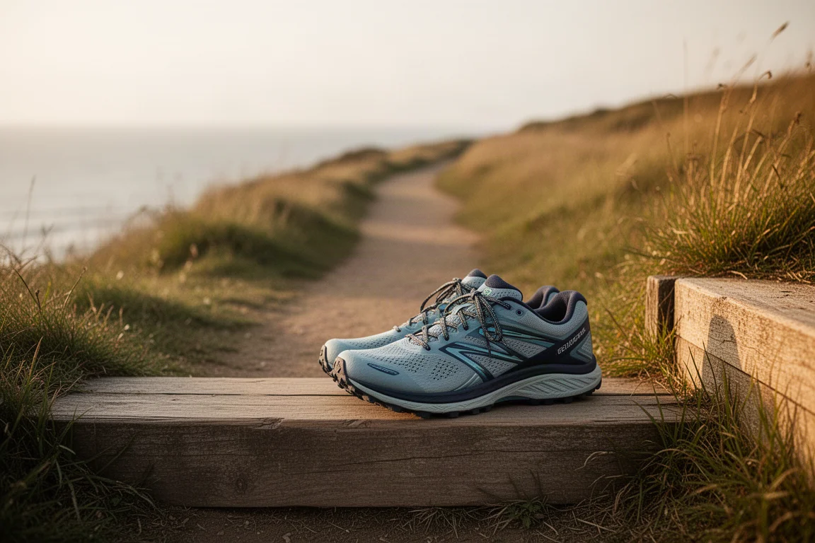 Singola scarpa da trail appoggiata su un gradino di legno accanto a un sentiero costiero aperto